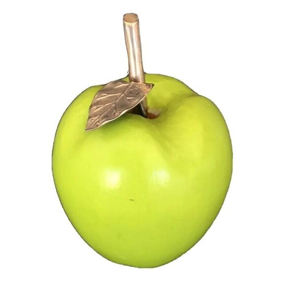 Green Apple Figurine Paper-mache with Sterling Silver Leaf Russian Vintage Decor - Picture 5 of 7